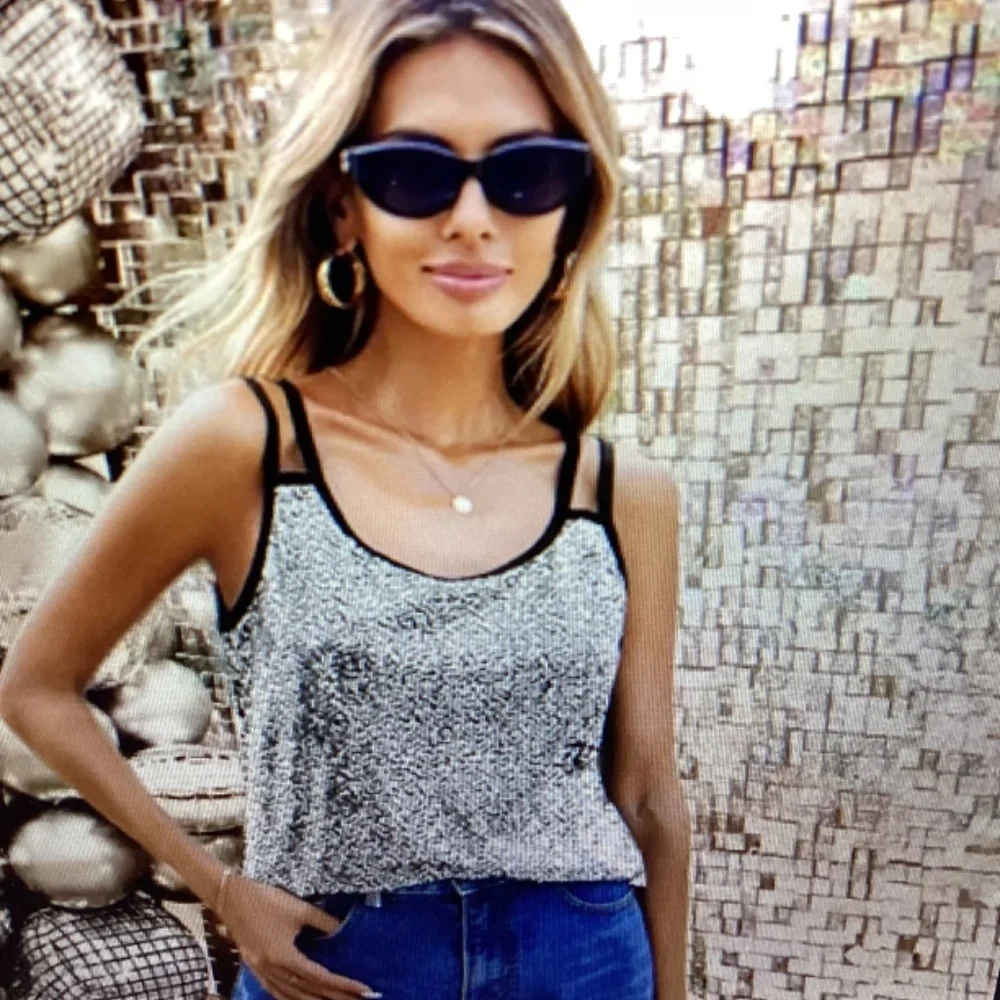 Sequined Double Strap Tank Top ( Size : XXL) (Color: Silvery). CL
